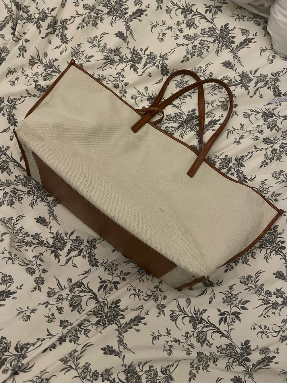 STAUD Cream Canvas Tote with Brown Leather Trim